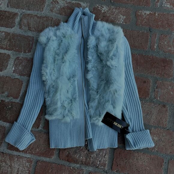 Vintage Y2K CHEBELLO  Rabbit Fur Leather Trim Zip Up Sweater Size M  NWT$179‎ - Picture 4 of 17